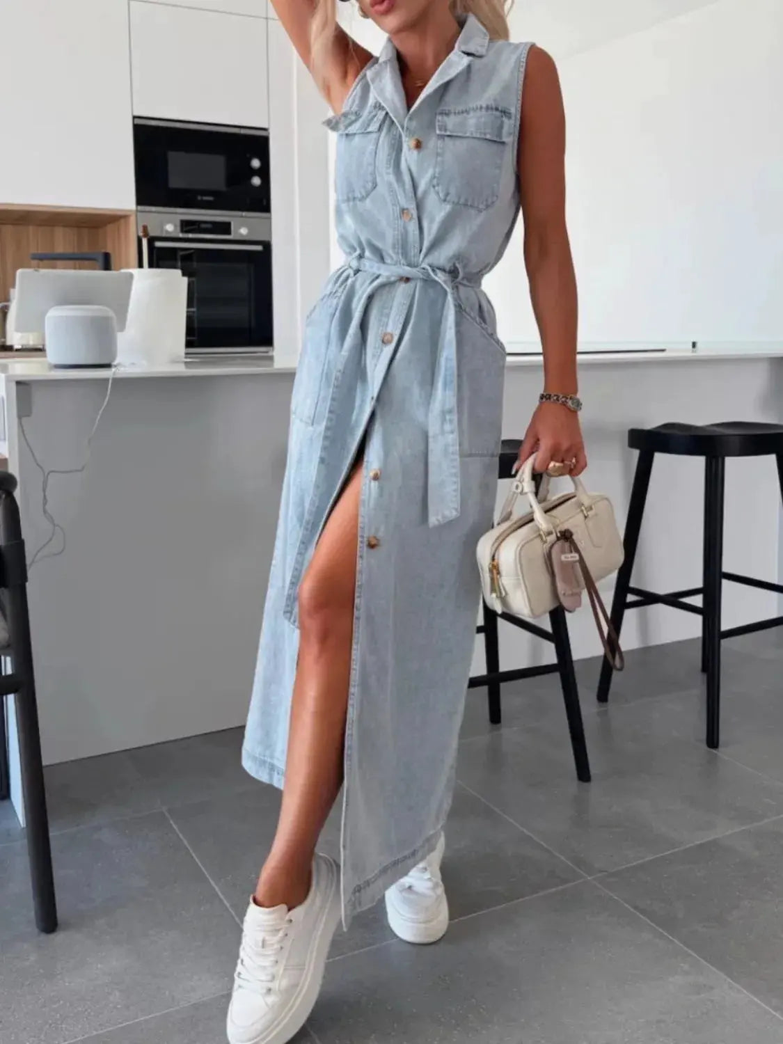Button Front Sleeveless Denim Dress by Partner Label