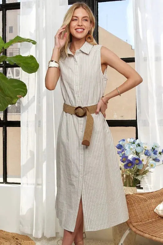 ADORA Striped Button Down Sleeveless Midi Dress by ADORA