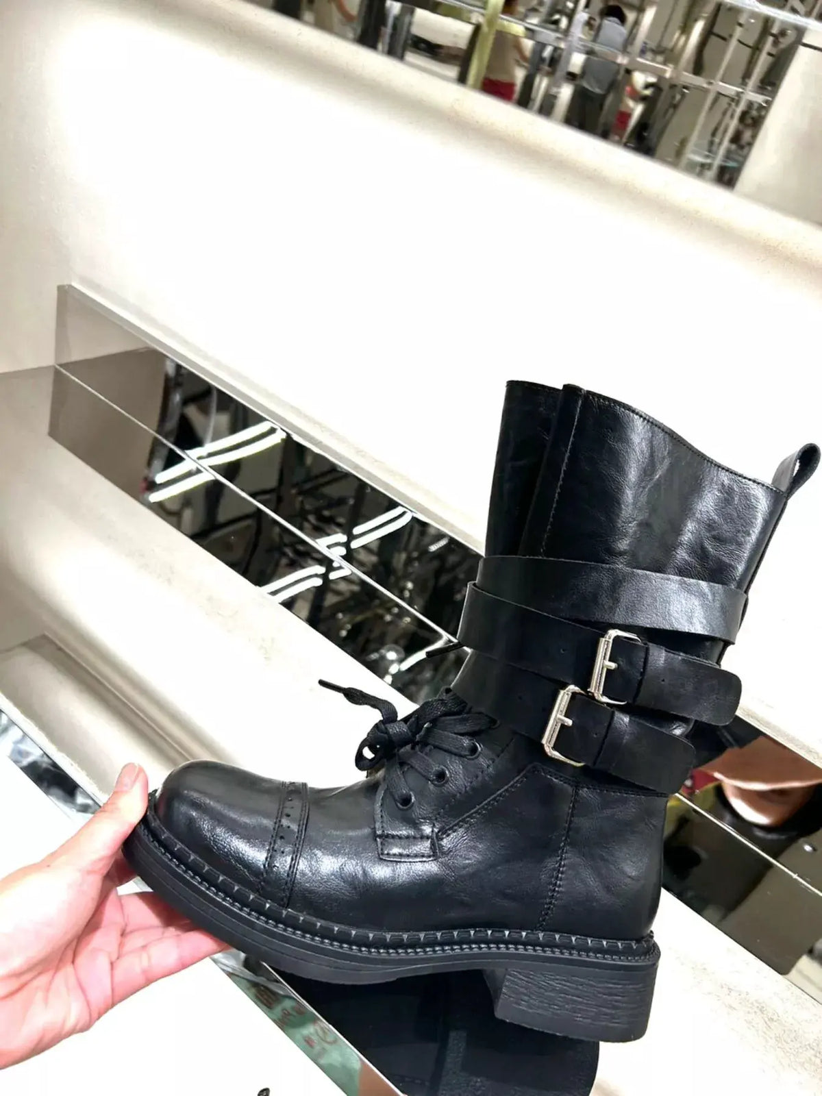 Buckled Leather Block Heel Boots by Partner Label