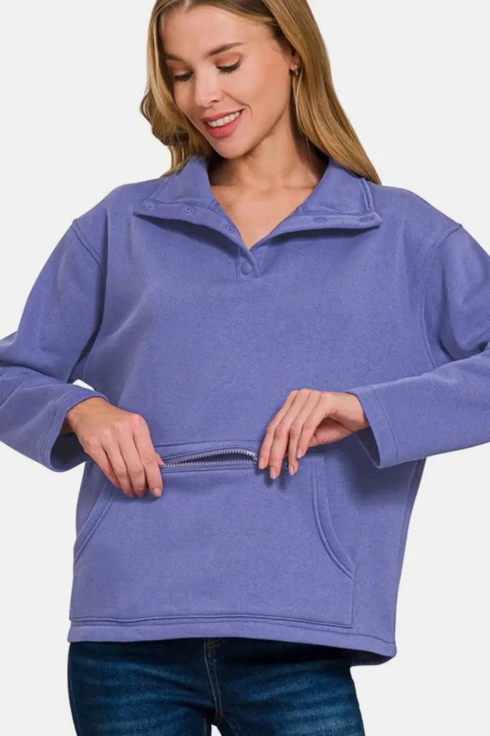 Zenana Turtleneck Half Snap Fleece Sweatshirt by Zenana