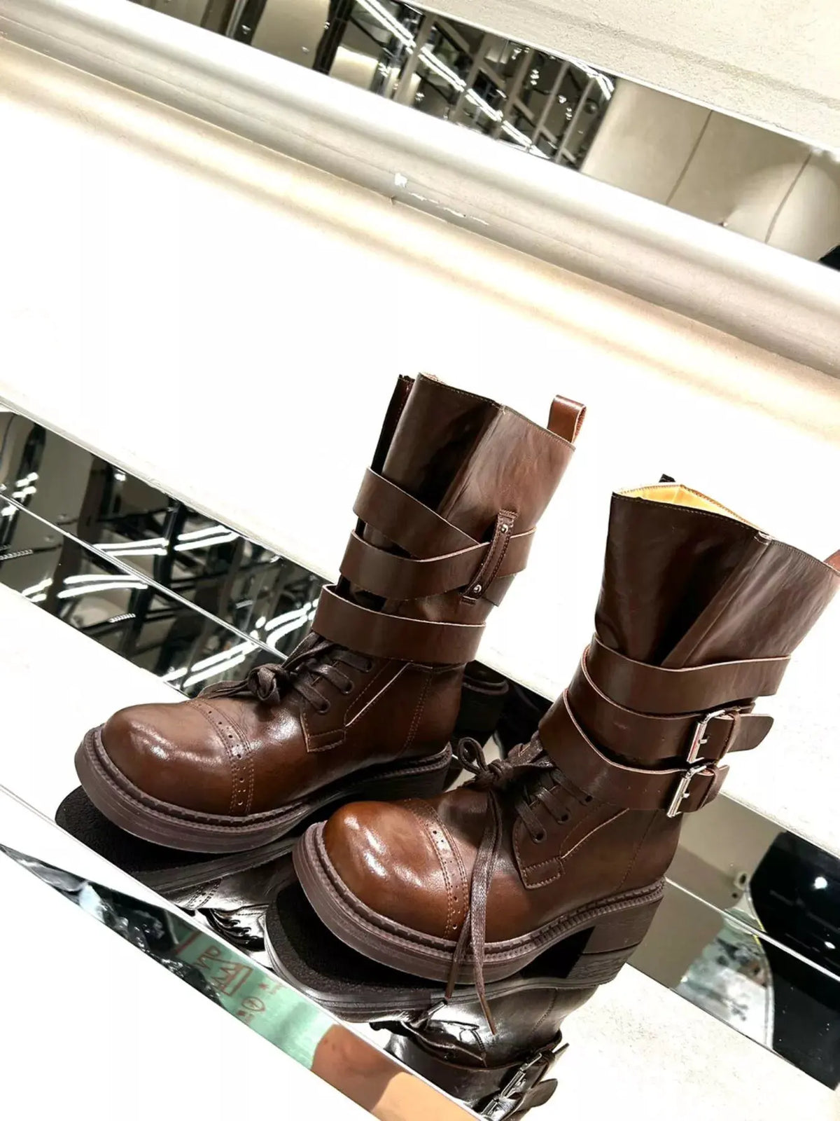 Buckled Leather Block Heel Boots by Partner Label