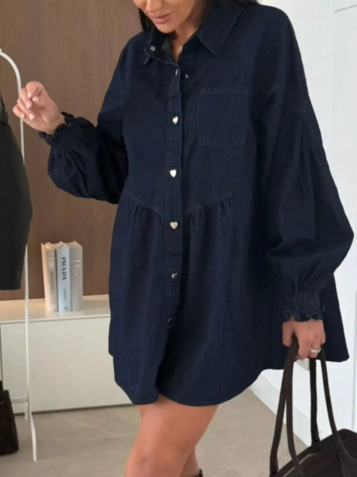 Button Down Mini Denim Dress with Front Pockets by Partner Label