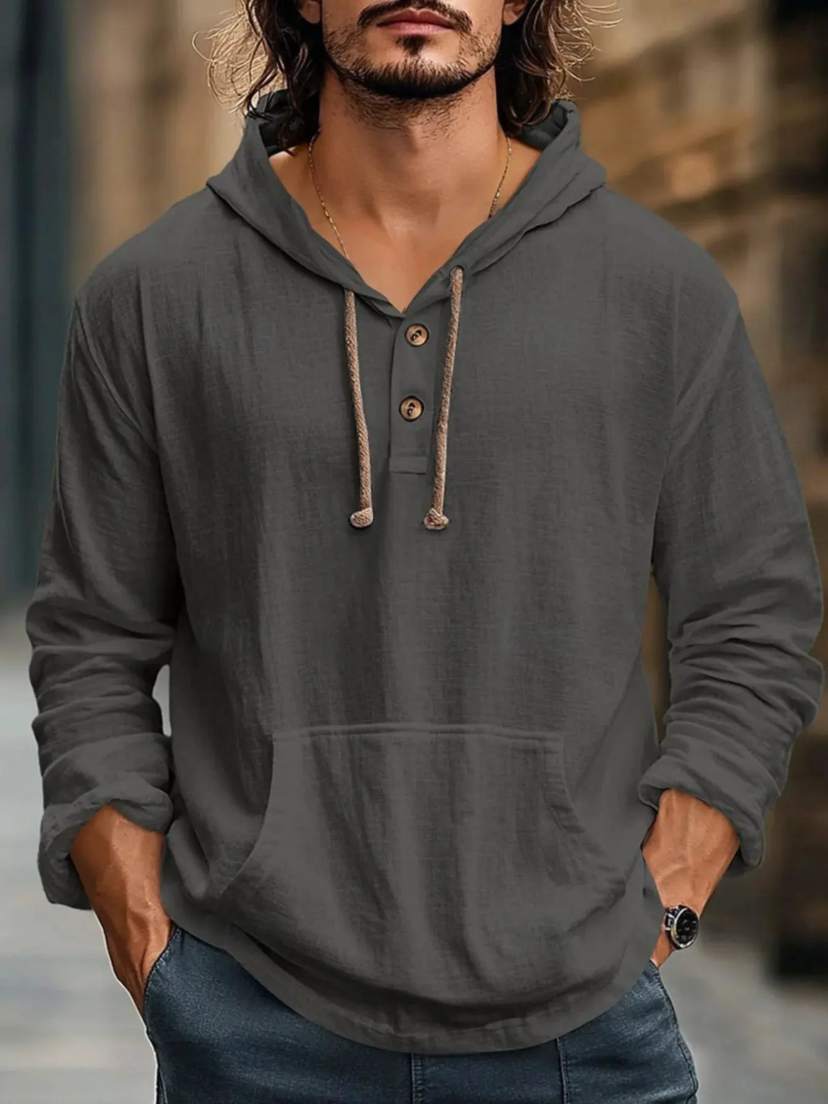 Men's Full Size Drawstring Long Sleeve Hoodie with Button Details Plus Size by Trendsi