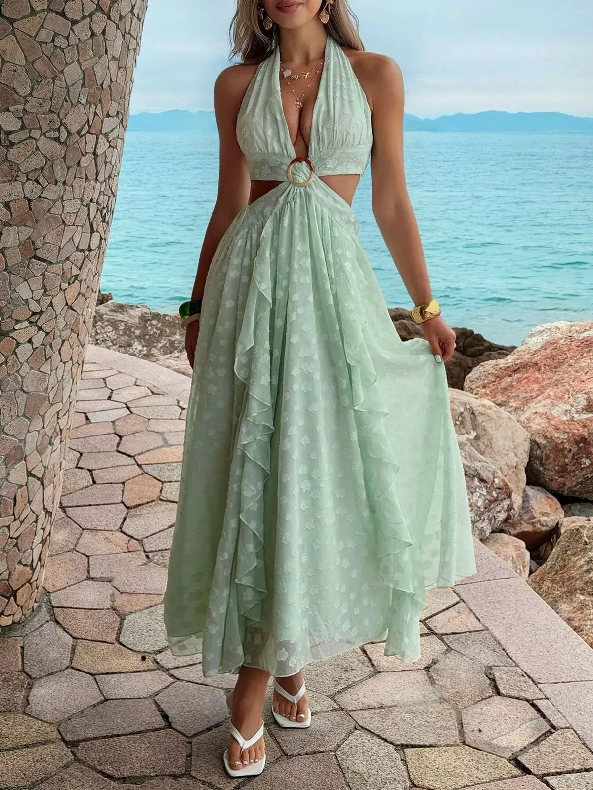 Ruffled Halter Neck Maxi Dress by Trendsi