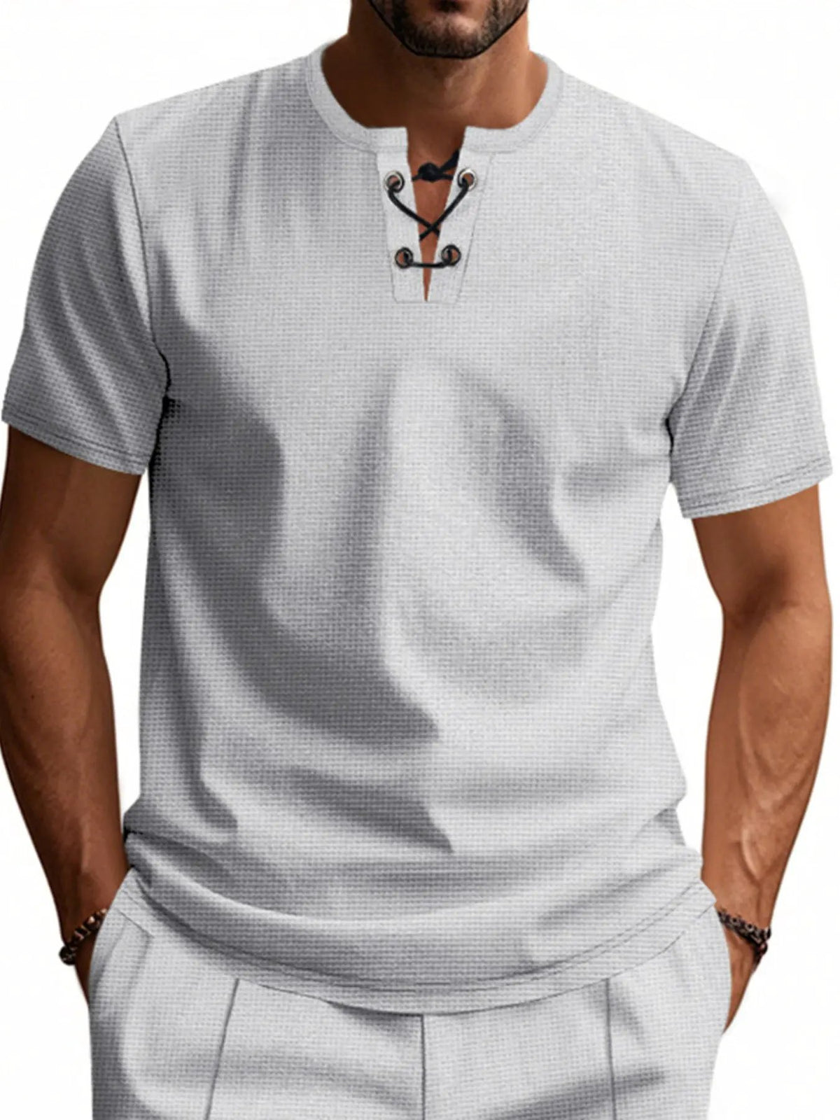 Men's Full Size Lace-Up Neck T-Shirt Plus Size by Trendsi