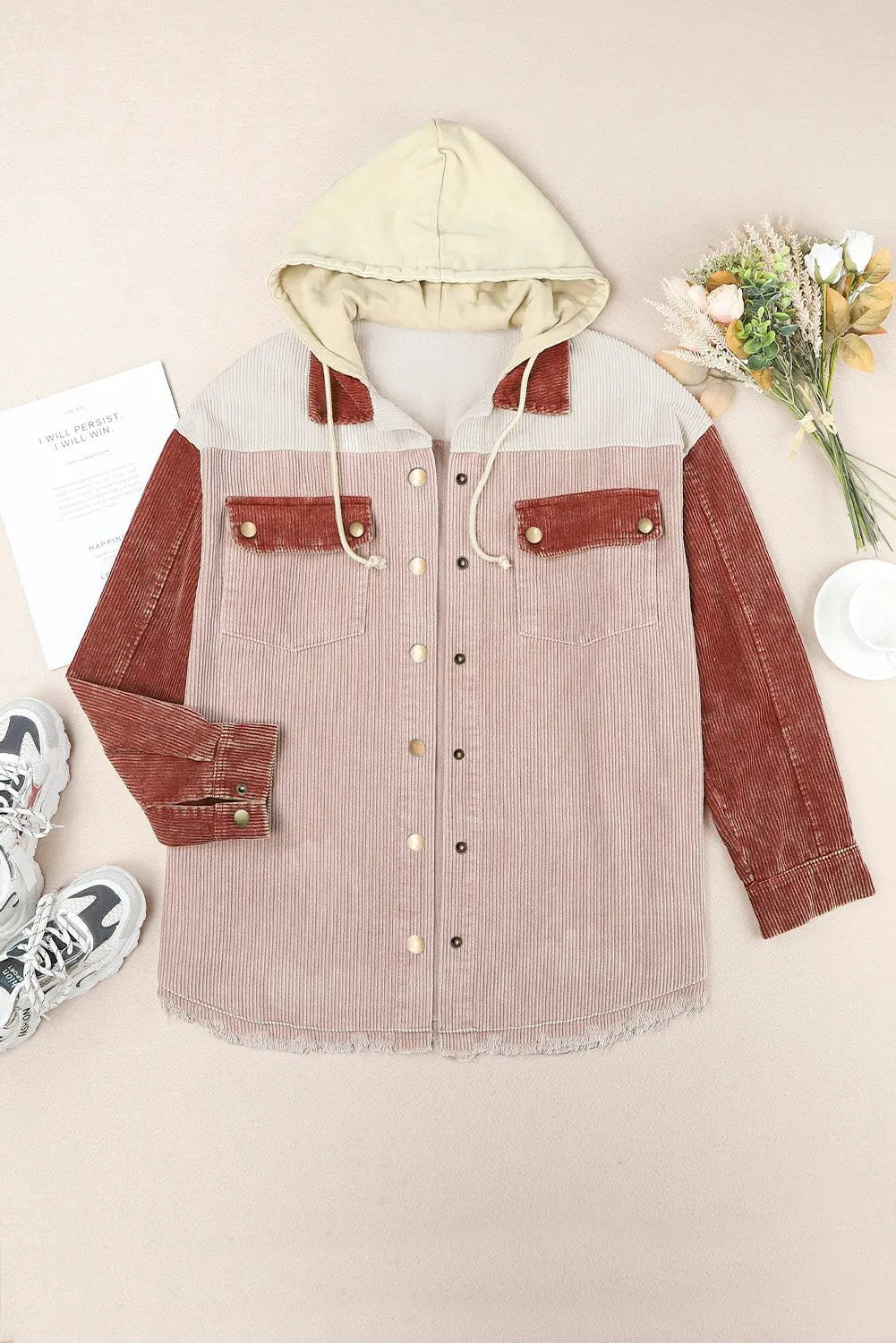 Snap Front Hooded Corduroy Shacket by Partner Label