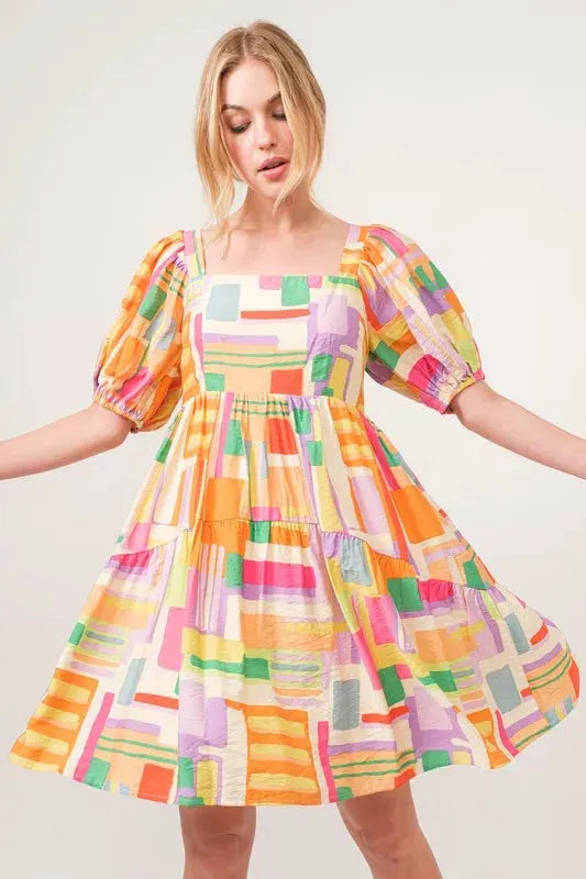 And The Why Square Neck Puff Sleeve Geo Printed Mini Dress by And The Why