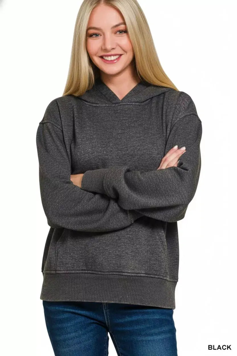 Zenana Fleece Acid Wash Kangaroo Pocket Hoodie by Zenana