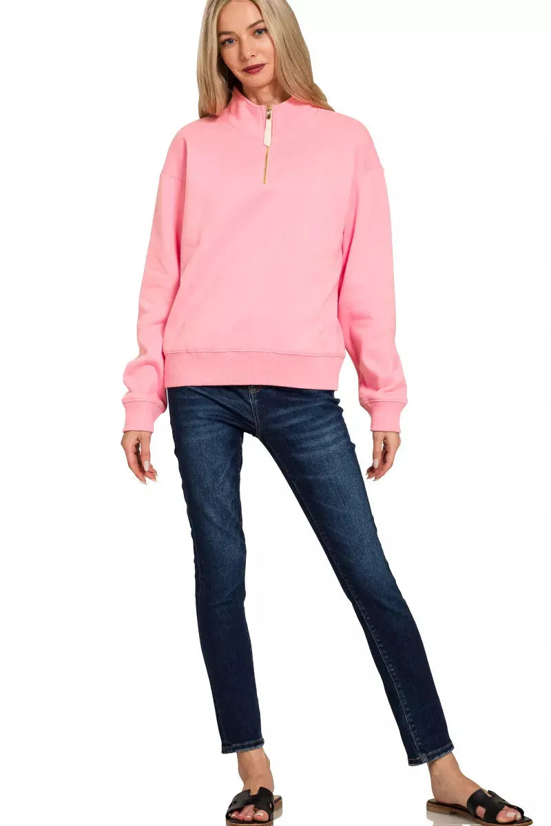 Zenana Fleece Half Zip Sweatshirt by Zenana