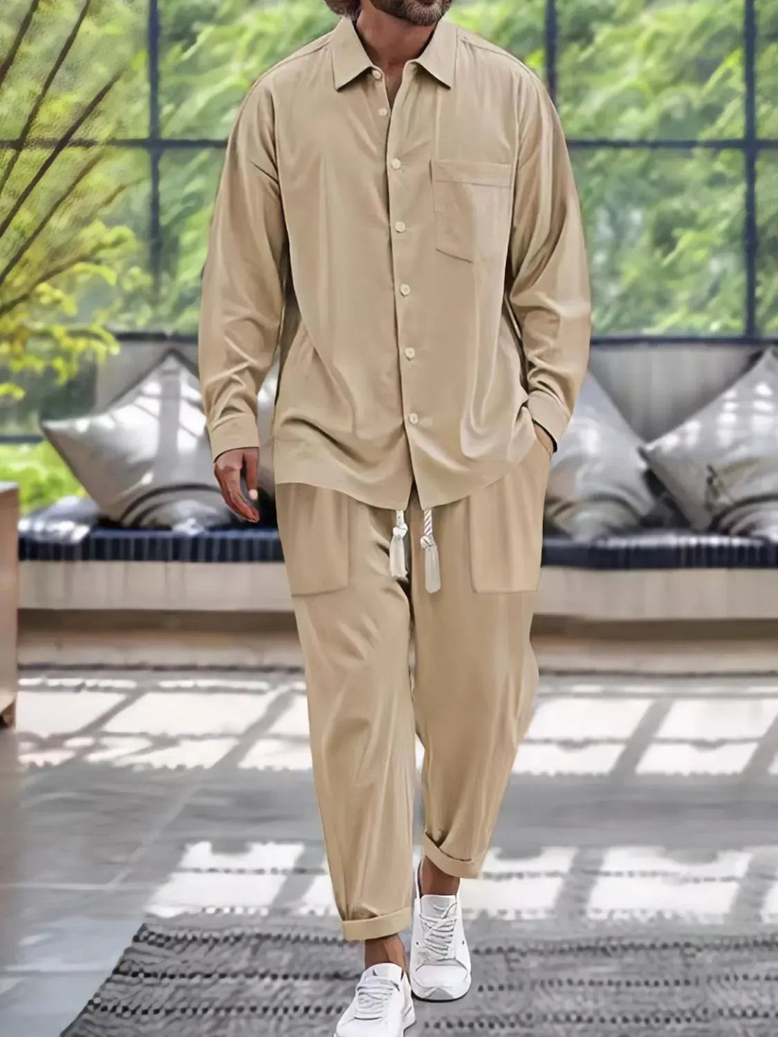 Men's Button Down Long Sleeve Shirt and Pants Set by Trendsi