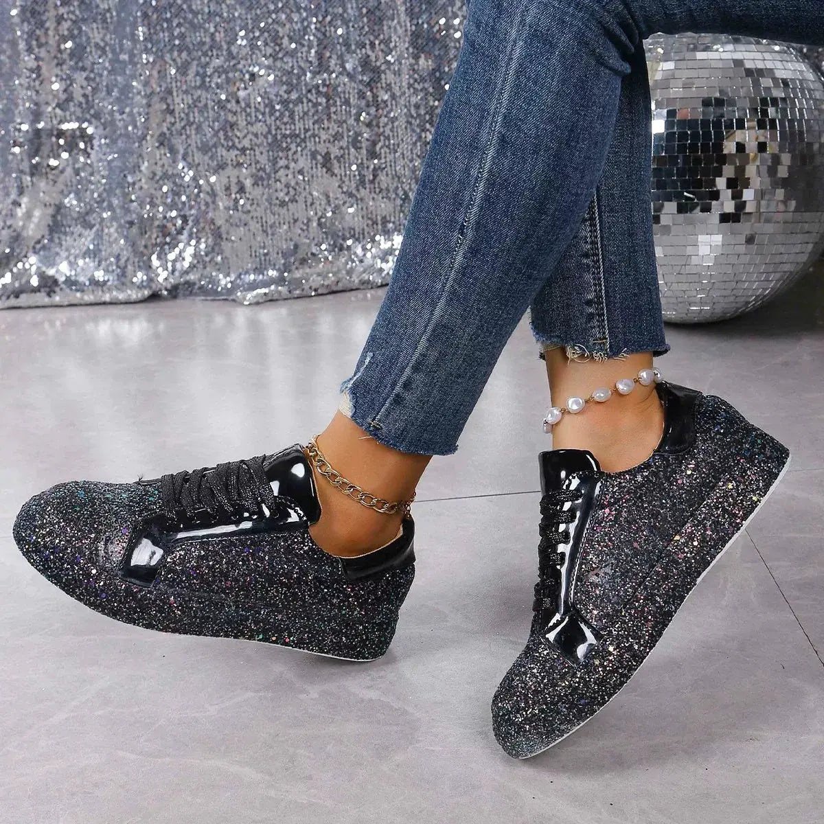Sequin Lace Up Sneakers by Partner Label