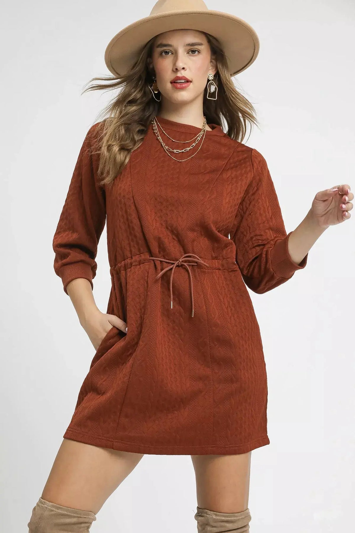 Umgee Drawstring Cable Knit Mini Dress with Pockets by Umgee
