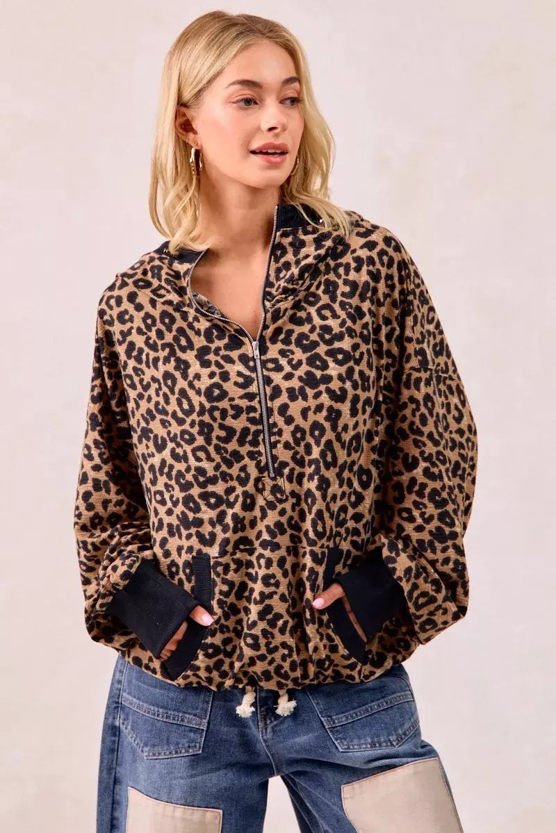 BiBi Leopard Print Waffle Half Zip Up Hoodie W Pocket by BiBi