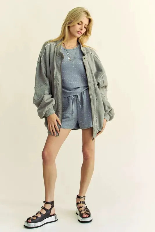 Davi & Dani Exposed Seam Zip Up Dropped Shoulder Jacket by Davi & Dani