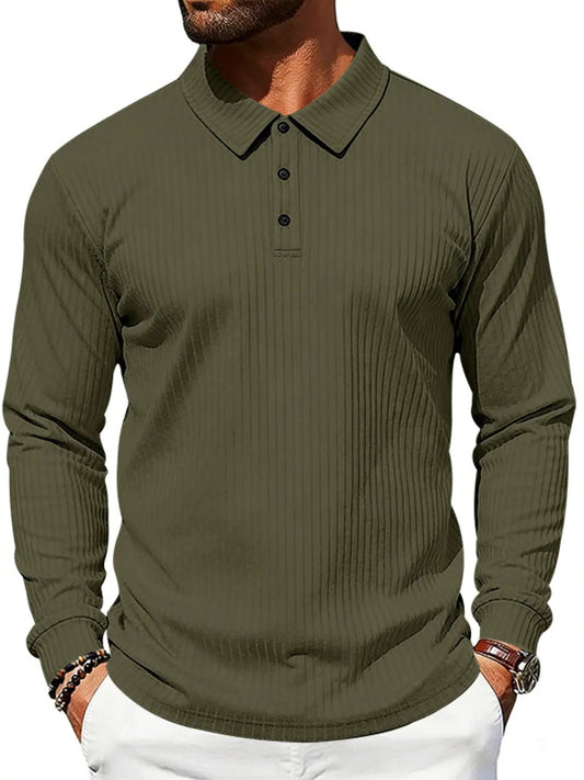 Men's Full Size Ribbed Long Sleeve Polo with Button Detail Plus Size by Trendsi