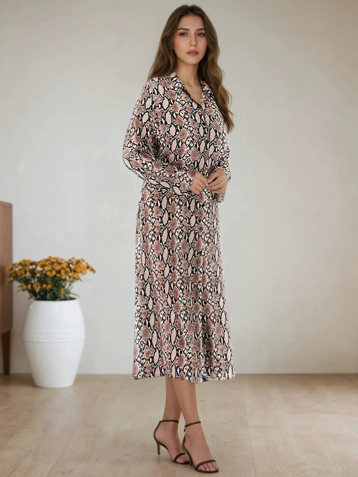 Snake Print Long Sleeve Shirt Dress by Partner Label