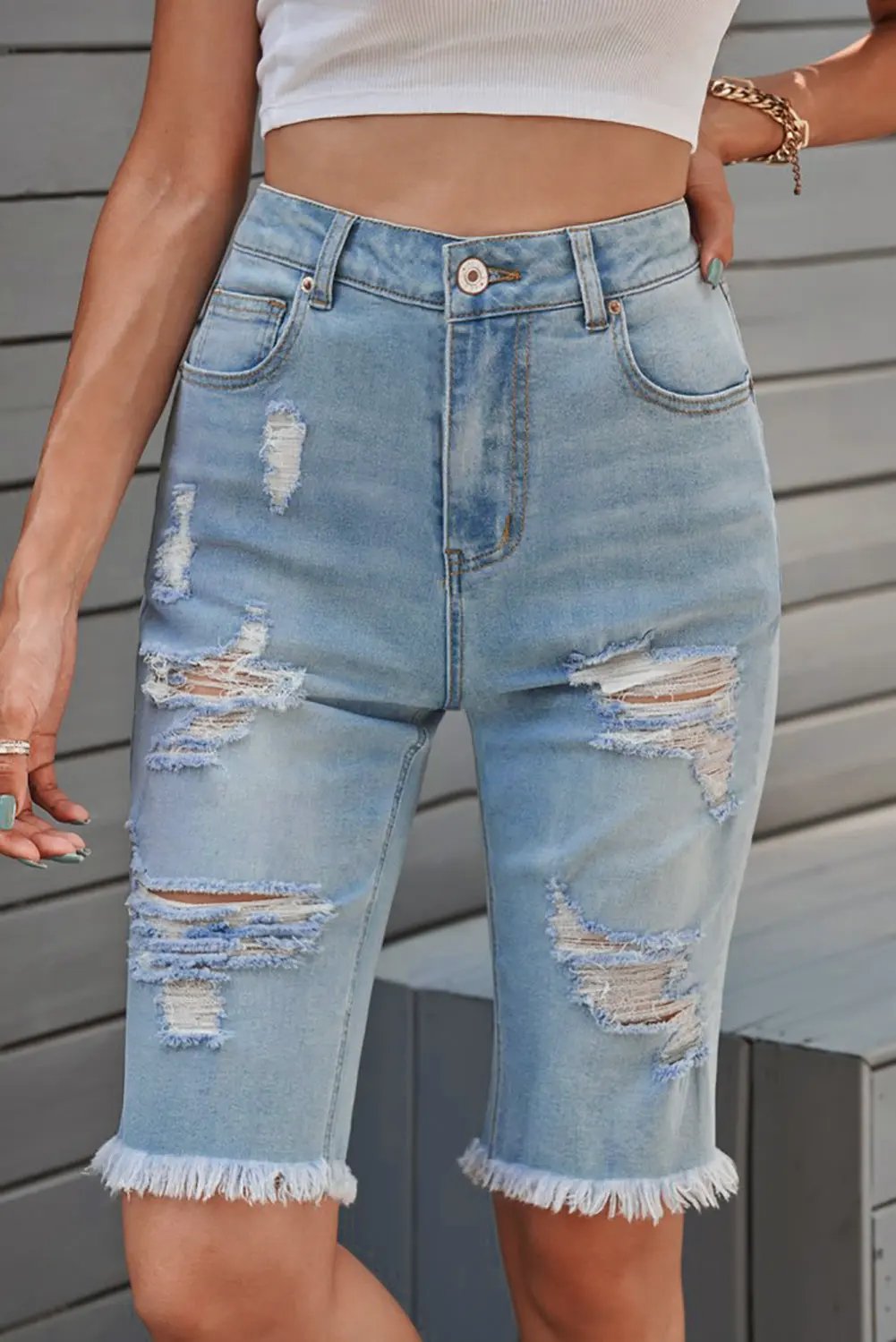 Distressed Raw Hem Denim Bermuda Shorts by Partner Label