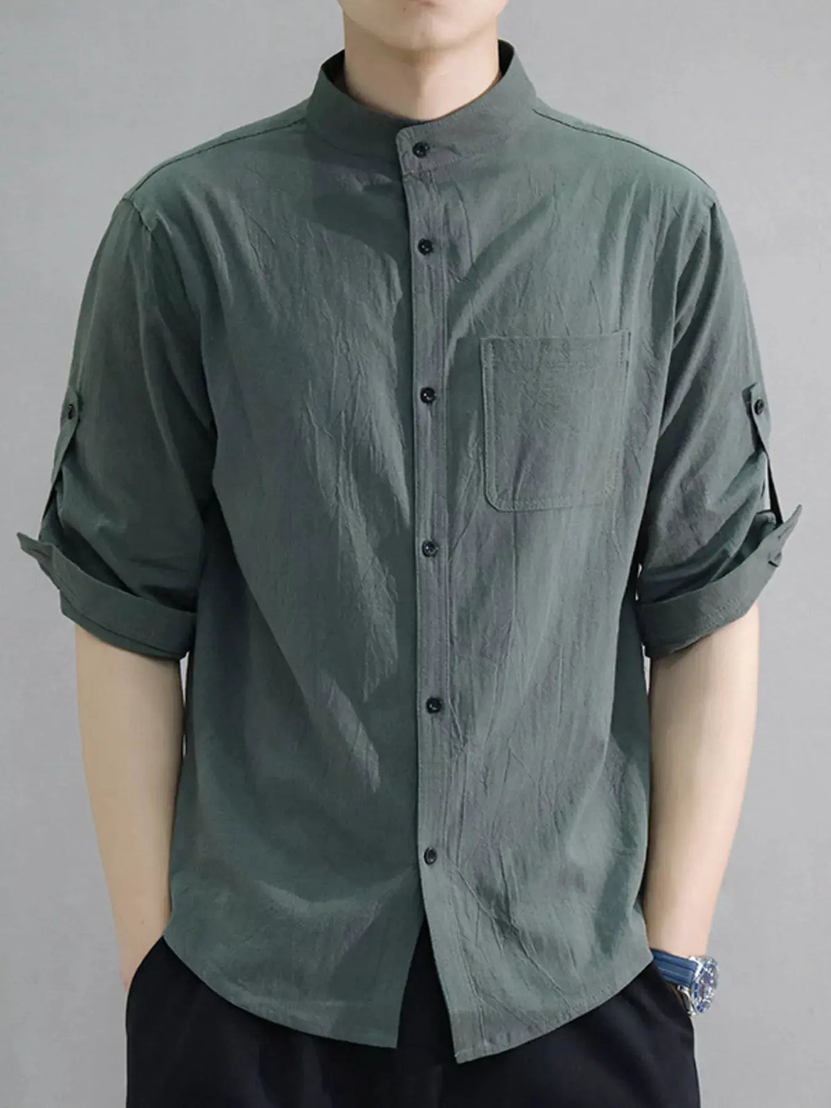 Men's Plus Size Button Up Roll-Up Sleeve Shirt by Trendsi