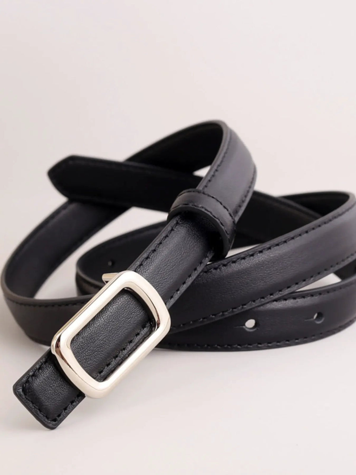 Leather Skinny Belt with Buckle by Trendsi
