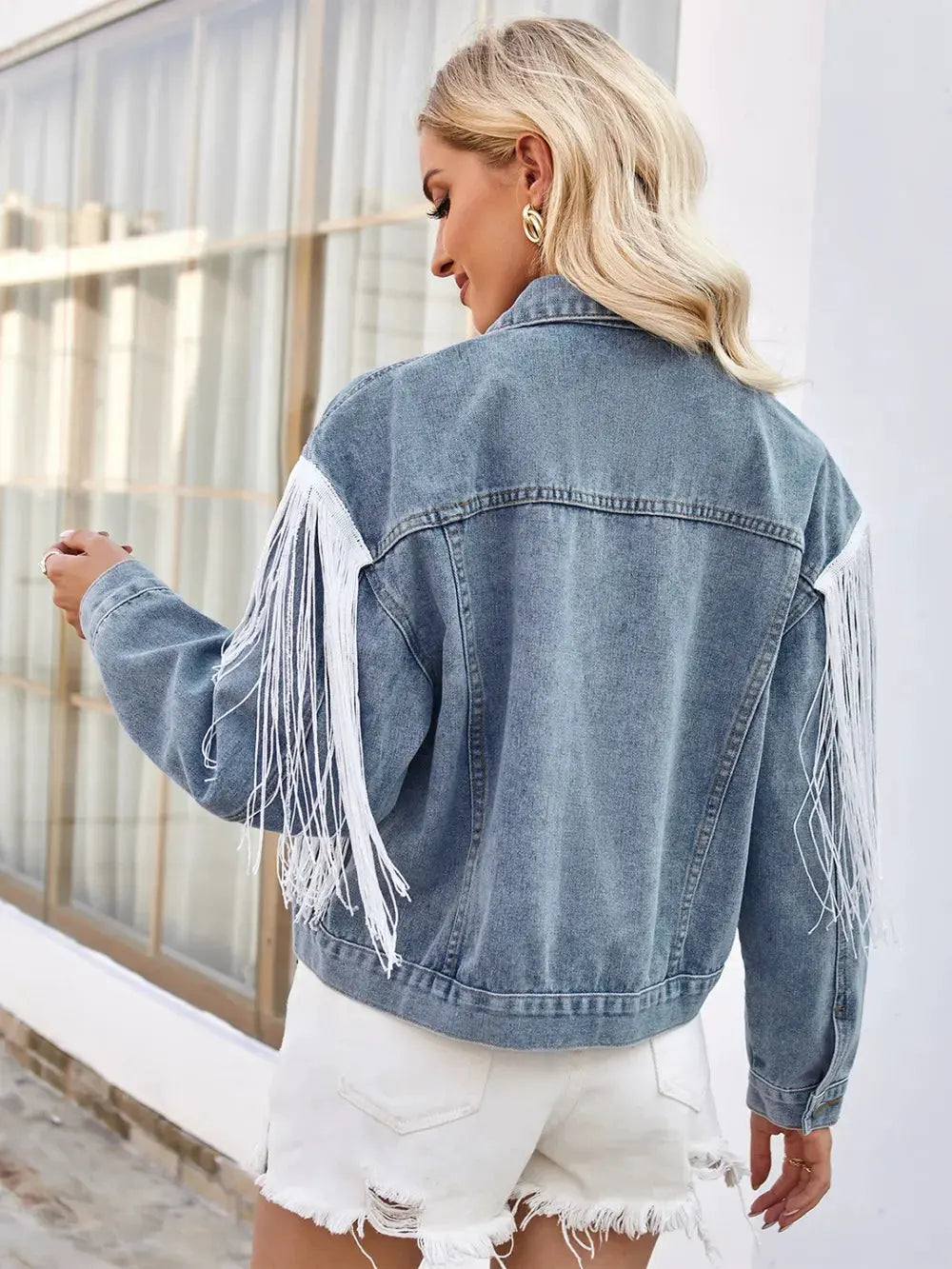 Tassel Button Up Dropped Shoulder Denim Jacket by Partner Label