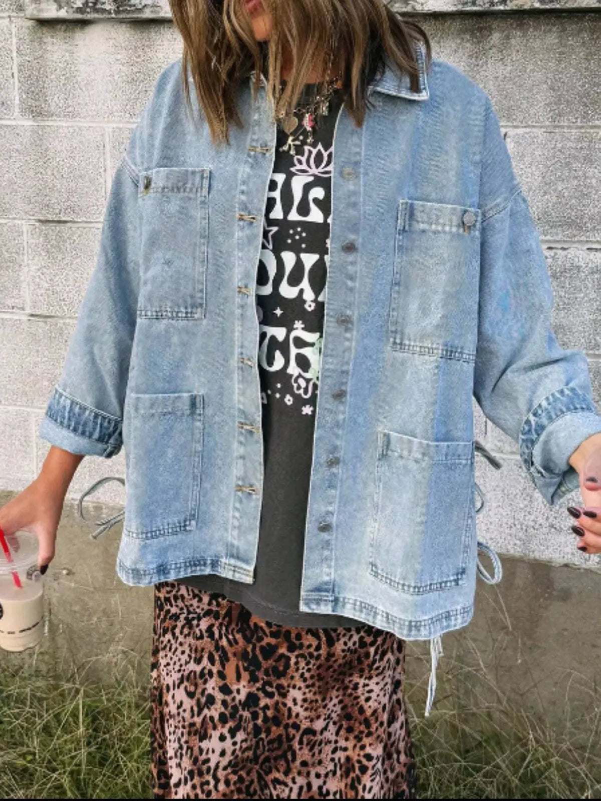 Patched Pockets Side Tie Denim Jacket by Partner Label