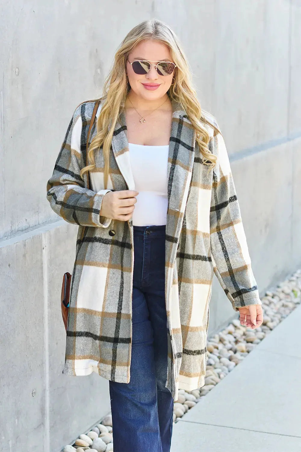 Double Take Full Size Plaid Button Up Lapel Collar Coat by Double Take