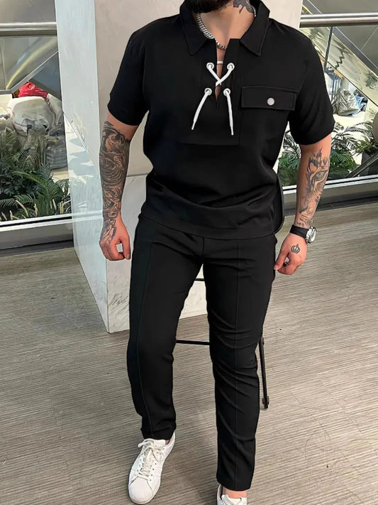 Men's Full Size Lace Up Short Sleeve Top and Pants Plus Size by Trendsi