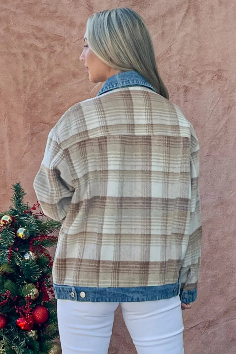 And The Why Full Size Washed Denim Detail Brushed Plaid Jacket by And The Why