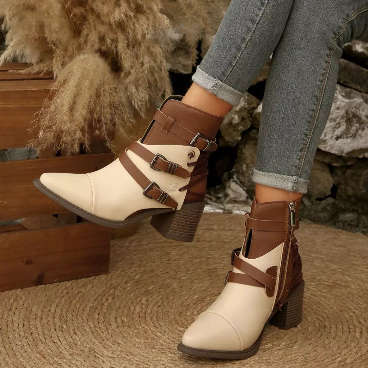 Point Toe Buckle Strap Ankle Boots with Block Heels by Partner Label