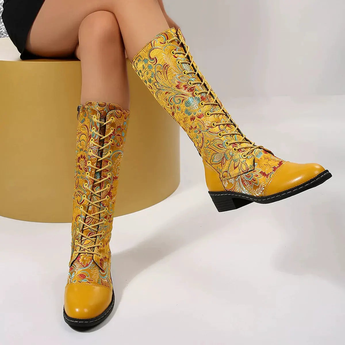 Embroidered Lace-Up Block Heel Boots by Partner Label