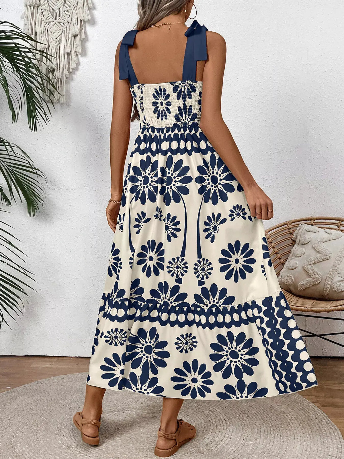 Floral Print Tie-Shoulder Midi Dress by Partner Label