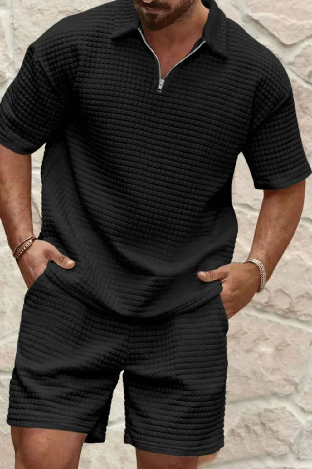 Men's Full Size Zip Collar Short Sleeve Top and Shorts Set Plus Size by Trendsi