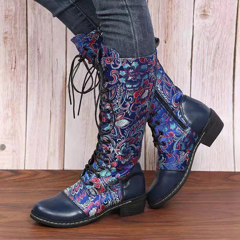 Embroidered Lace-Up Block Heel Boots by Partner Label