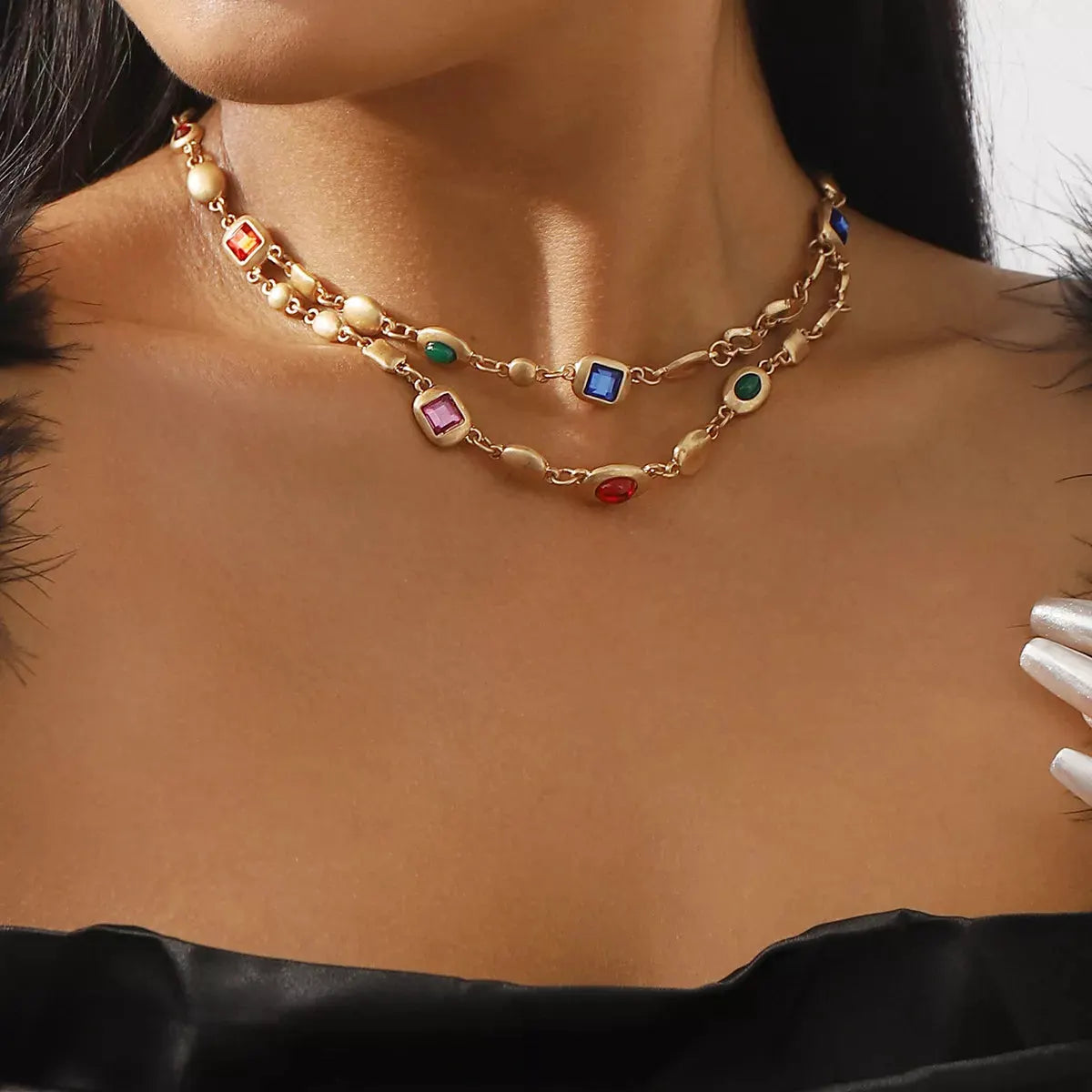 Vintage Multi-Gemstone Double Layered Necklace by Partner Labels