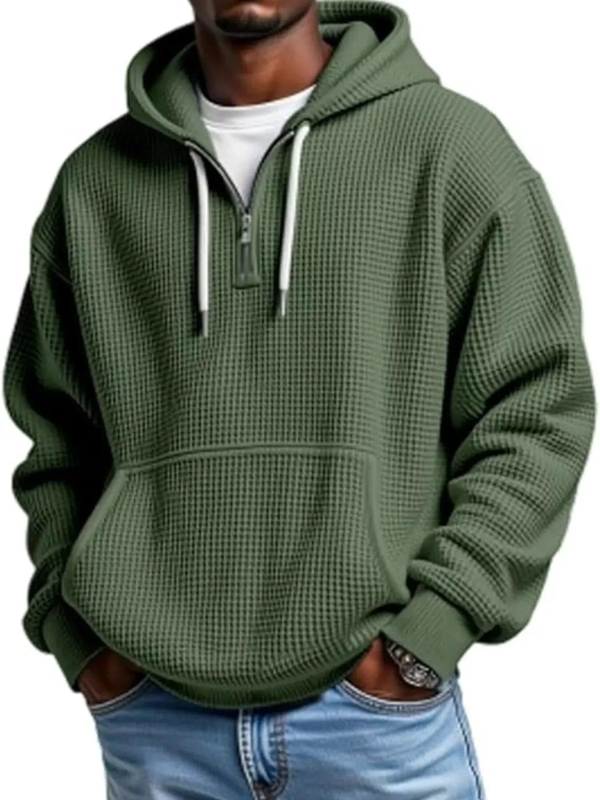 Men's Full Size Waffle Knit Quarter Zip Hoodie Plus Size by Trendsi