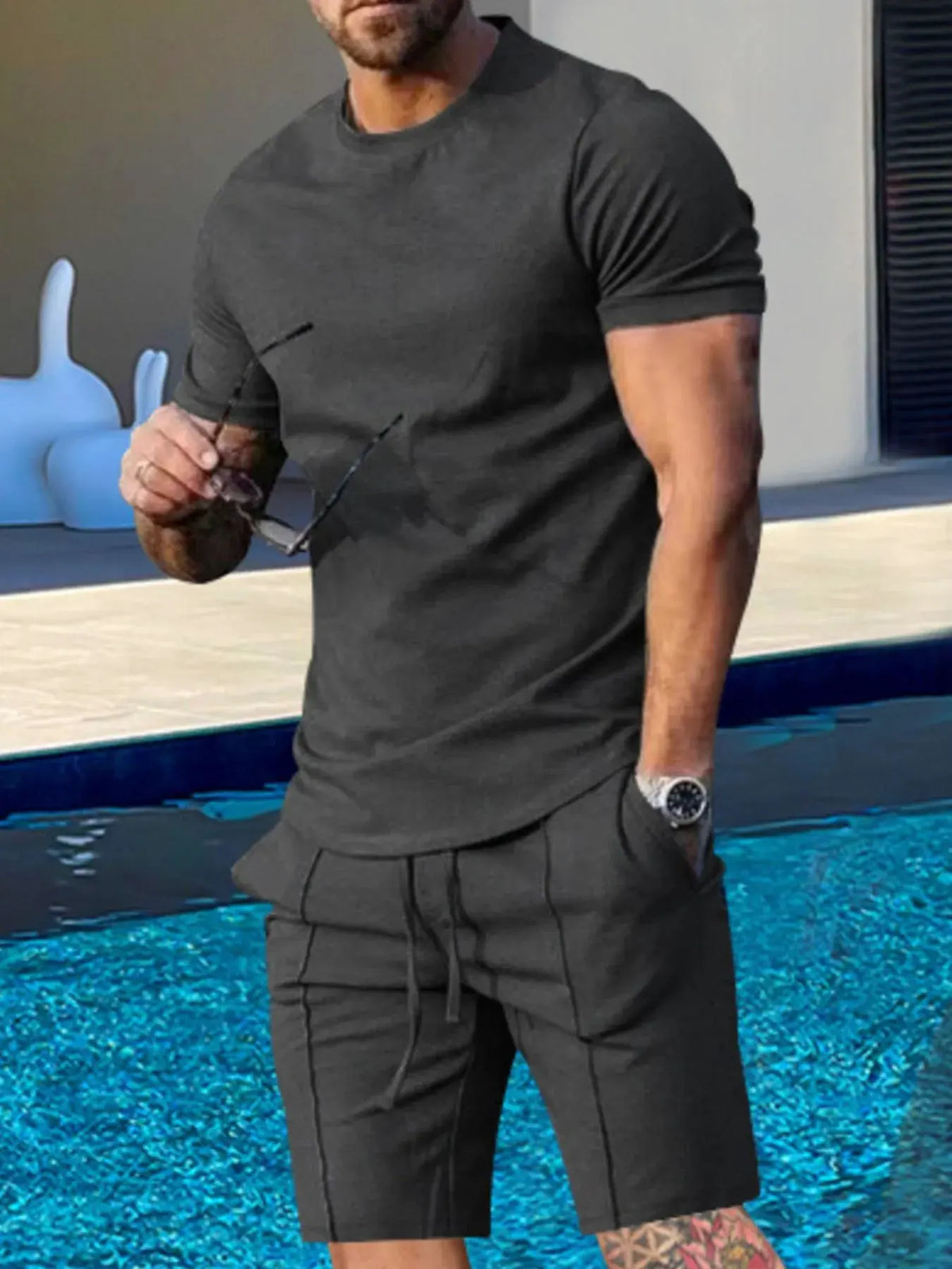 Men's Plus Size Round Neck Short Sleeve Top and Shorts Set by Trendsi