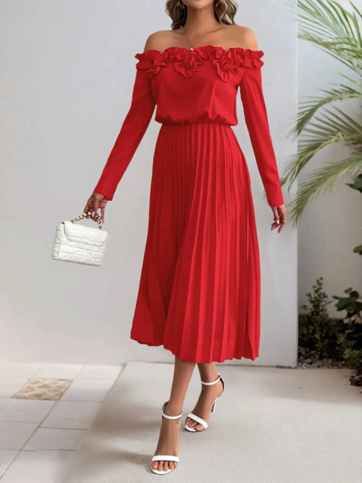 Off-Shoulder Ruffle Pleated Midi Dress by Partner Label