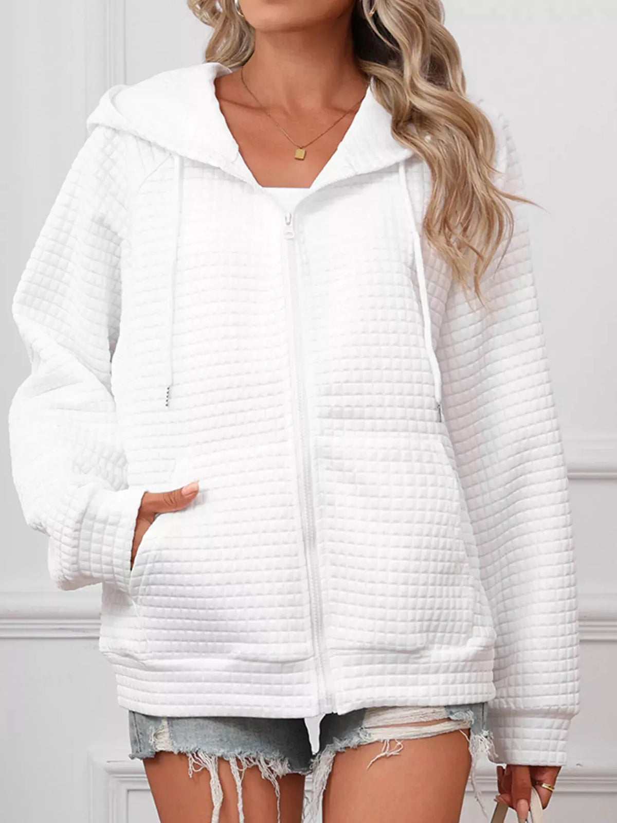 Full Size Textured Quilted Zip-Up Hooded Jacket Plus Size by Partner Label