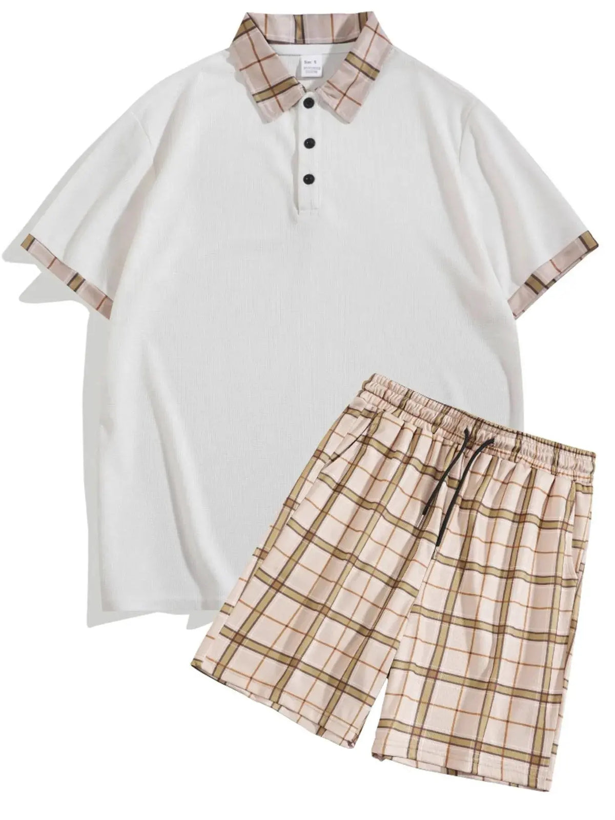 Men's Full Size Classic Plaid Collar Polo and Shorts Set Plus Size by Trendsi