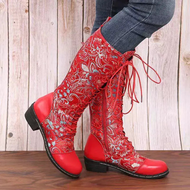 Embroidered Lace-Up Block Heel Boots by Partner Label