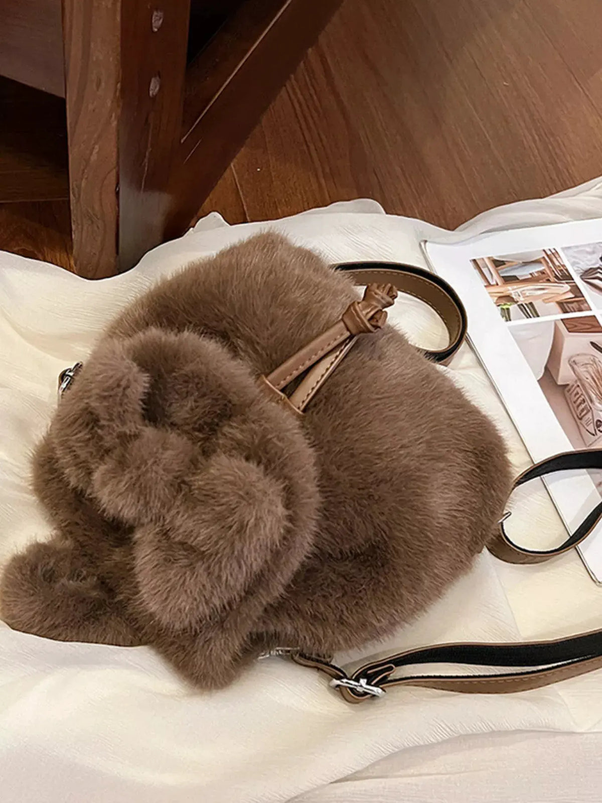 Fuzzy Plush Drawstring Backpack Bag by Partner Label