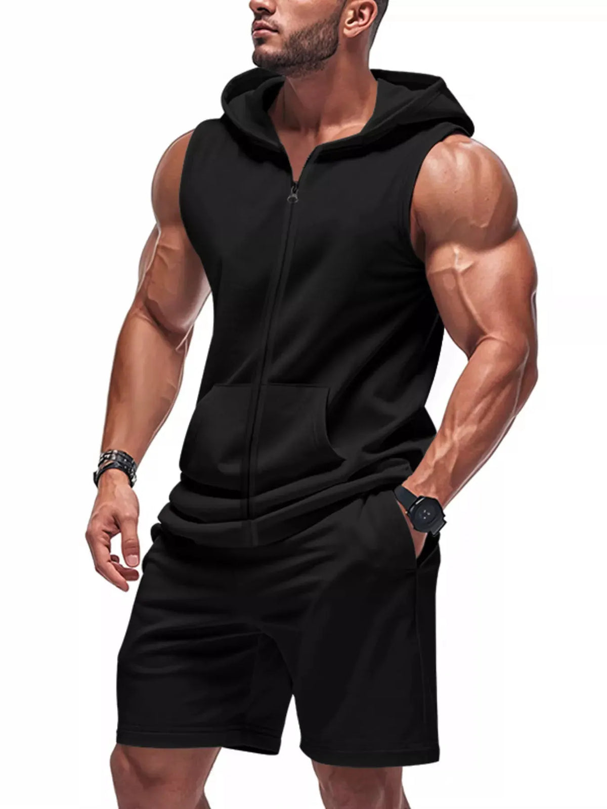 Men's Full Size Zip Up Sleeveless Hoodie & Shorts Set Plus Size by Partner Label