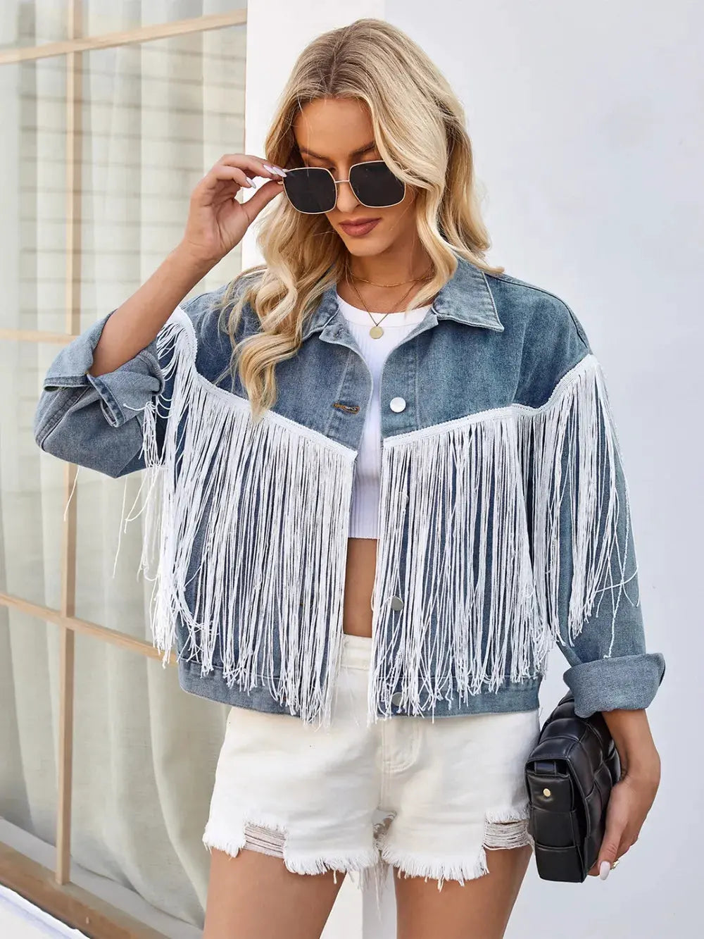 Tassel Button Up Dropped Shoulder Denim Jacket by Partner Label
