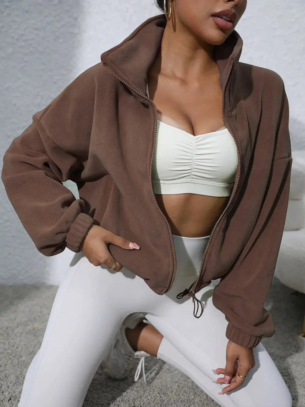 Drawstring Turtleneck Zip Up Long Sleeve Jacket by Partner Label