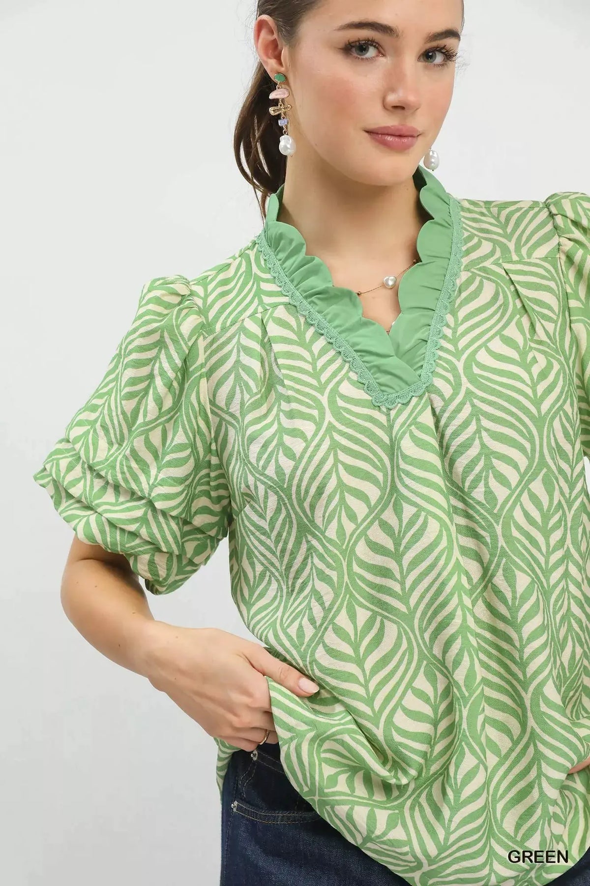 Umgee Printed Puff Sleeve Ruffle Neck Top by Umgee