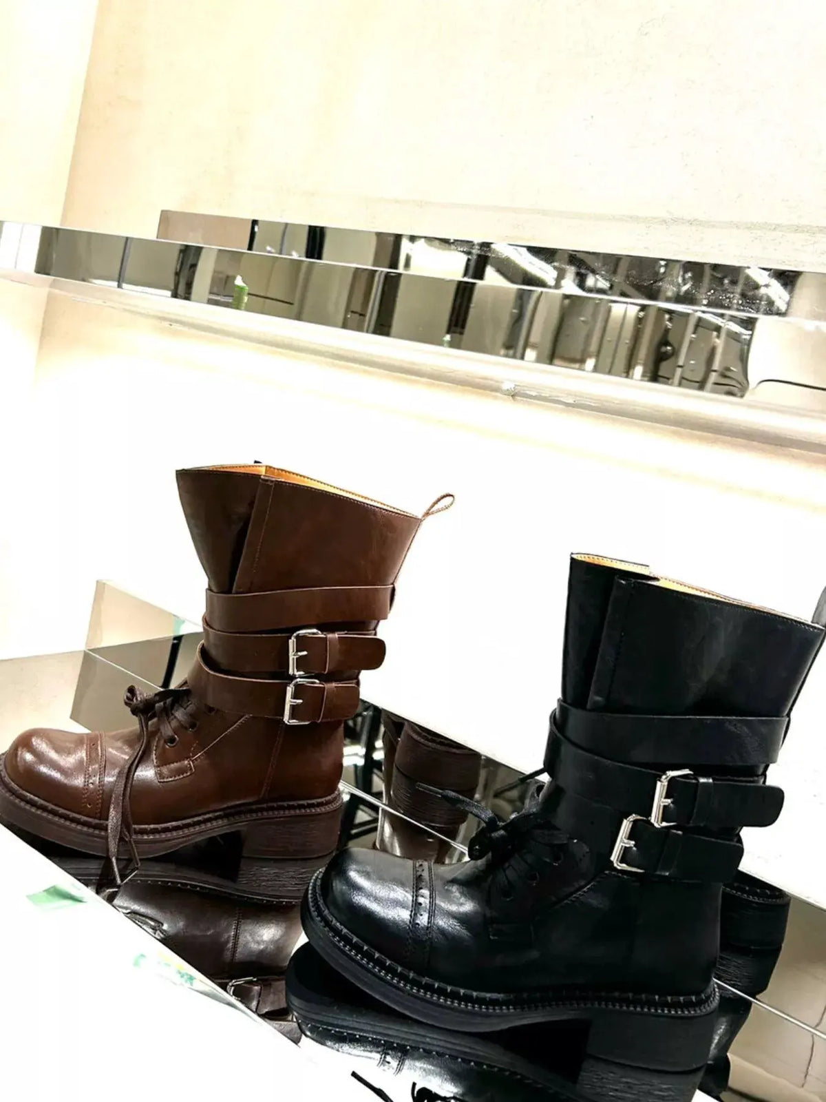Buckled Leather Block Heel Boots by Partner Label