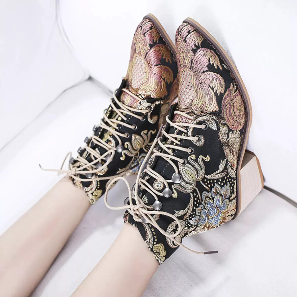 Embroidered Floral Lace-Up Ankle Boots by Partner Label