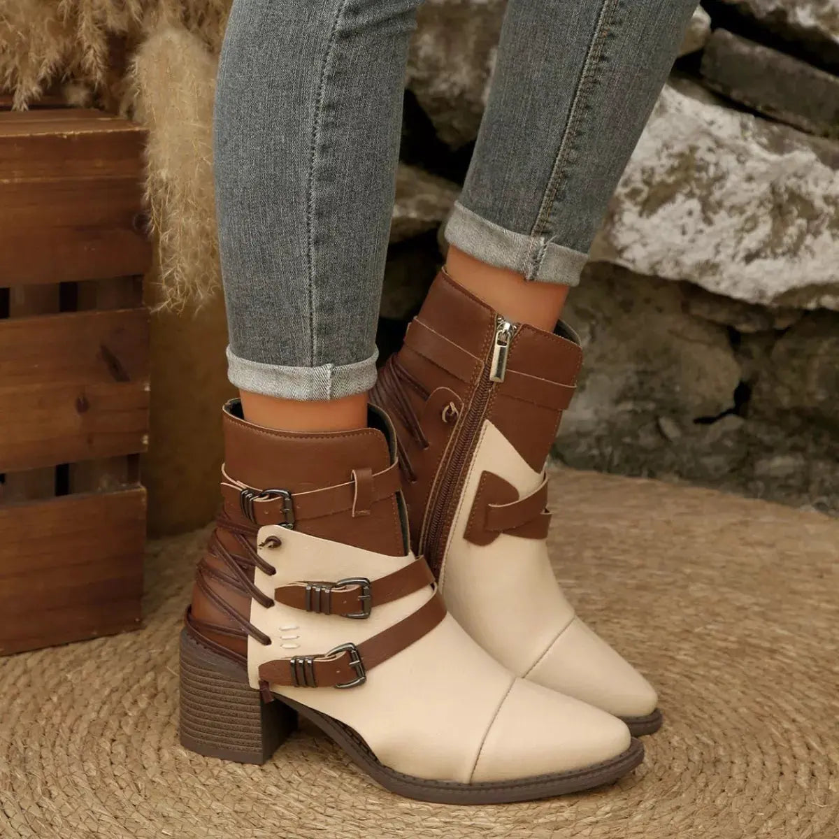 Point Toe Buckle Strap Ankle Boots with Block Heels by Partner Label