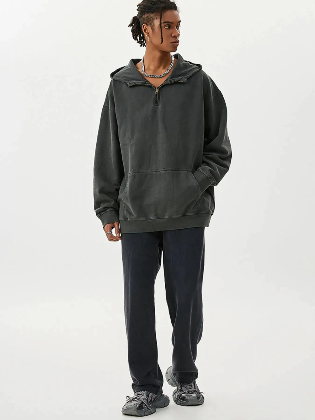 Men's Washed Quarter-Zip Hoodie with Kangaroo Pocket by Trendsi
