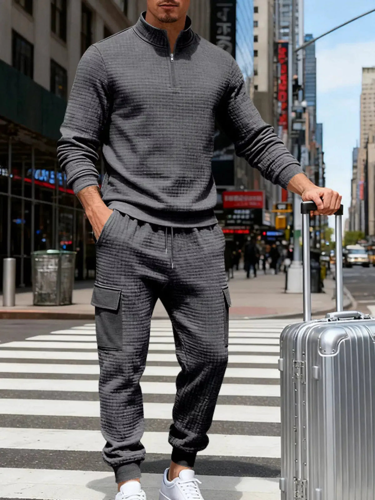 Men's Full Size Quarter-Zip Top and Cargo Joggers Set Plus Size by Trendsi